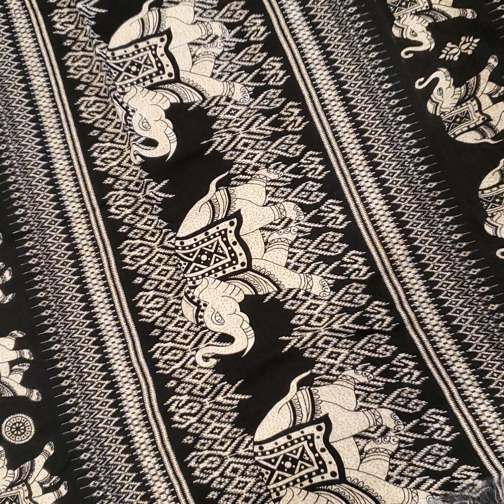 Black and white elephant scarf 42" by 57" with fringe accents - Picture 2 of 5